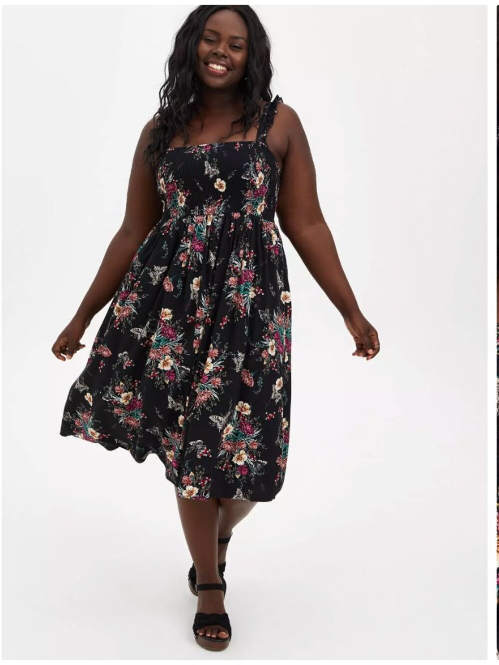 Torrid Smocked Black Floral Ruffle-Strap Camisole Dress Size 1X FIt & Flare